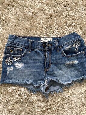 abercrombie kids Distressed Blue Denim Shorts with Floral Rhinestones